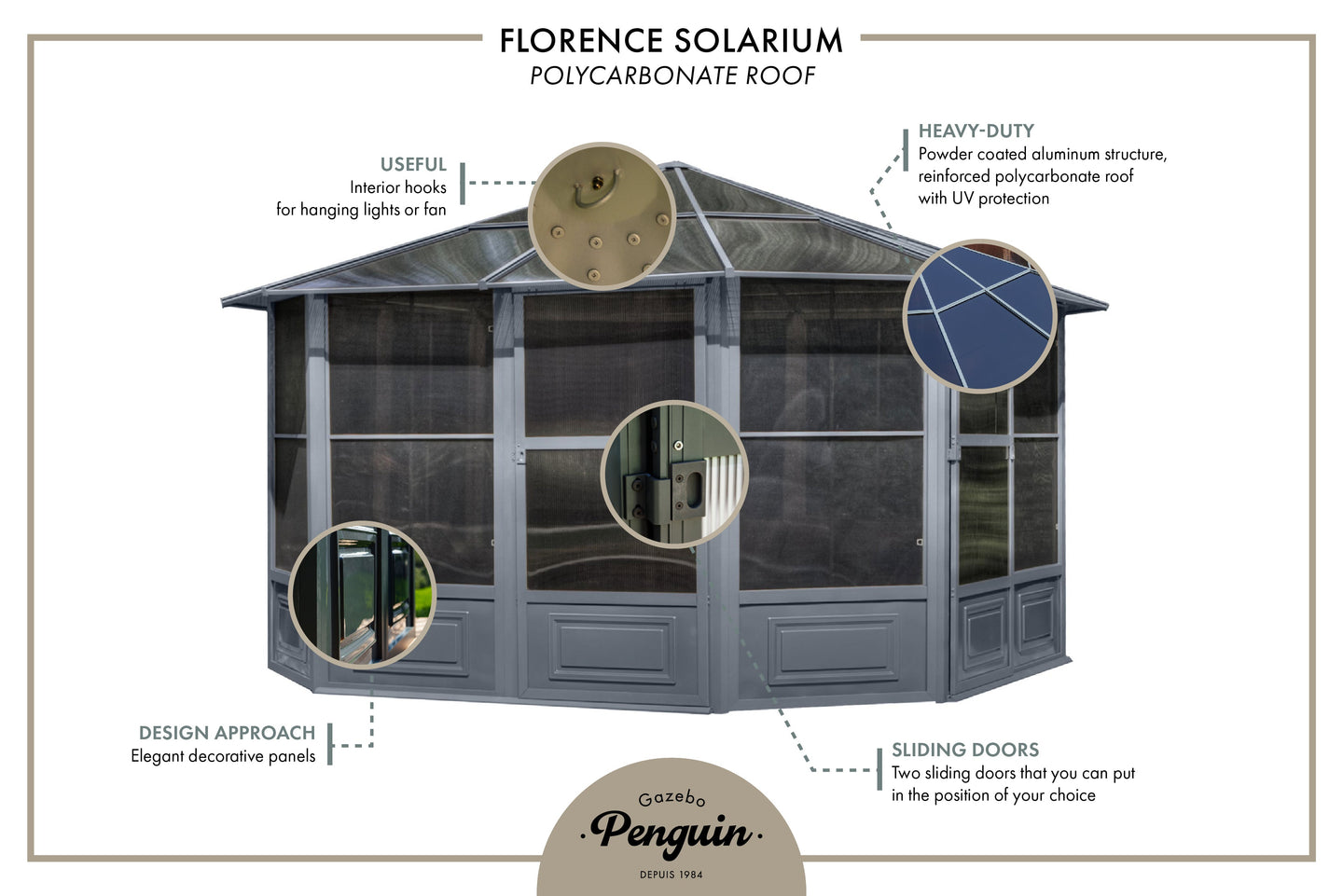 Gazebo Penguin Florence Freestanding Solarium - Sand/Slate- Metal/Polycarbonate Roof
