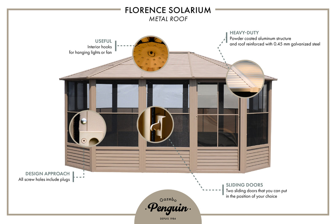 Gazebo Penguin Florence Freestanding Solarium - Sand/Slate- Metal/Polycarbonate Roof