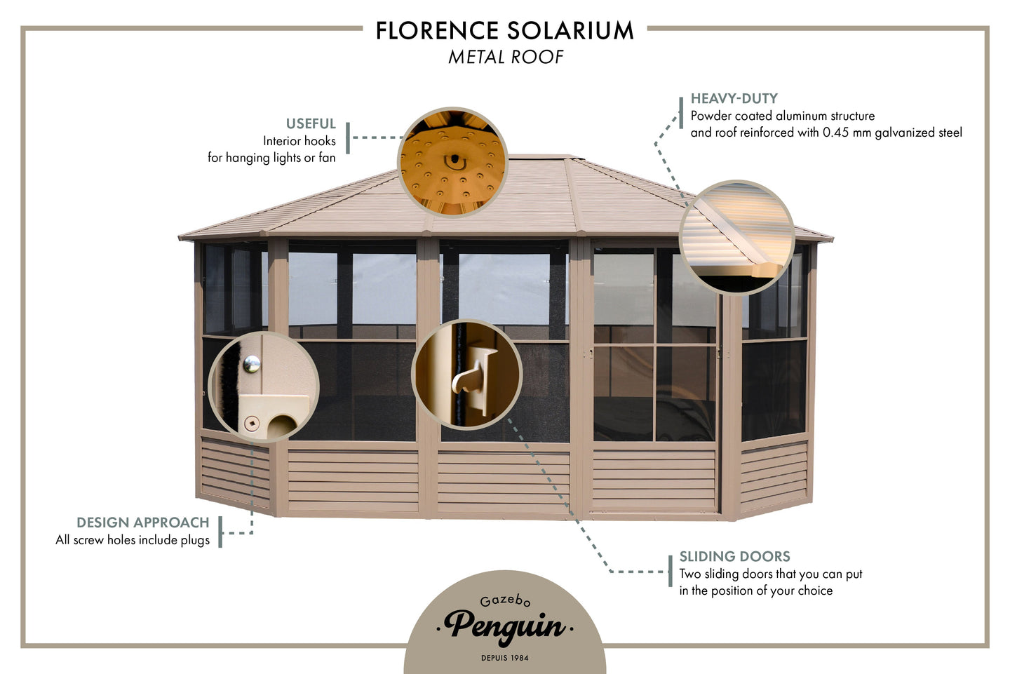 Gazebo Penguin Florence Freestanding Solarium - Sand/Slate- Metal/Polycarbonate Roof