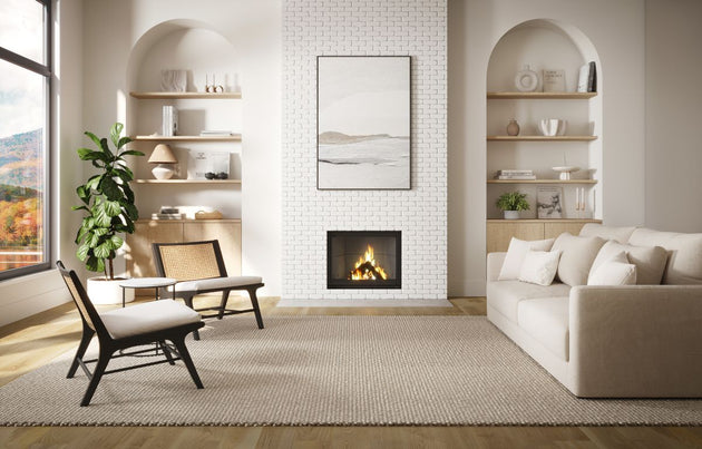Valcourt Antoinette Decorative Wood Fireplace With Contemporary Moulded Refractory Brick Panels & Straight Masonry Finishing Trim